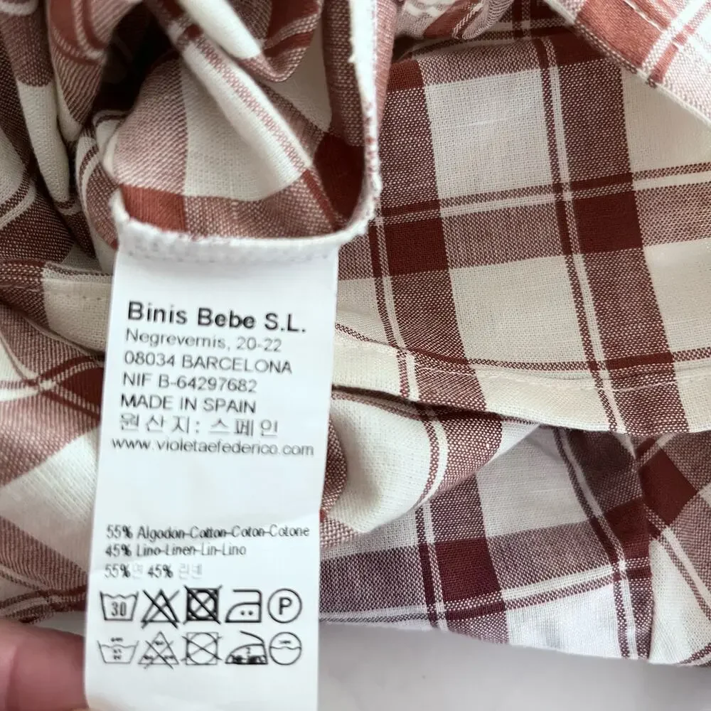 Violeta E Federico Boys Brown Plaid Linen Blend Shirt Size 3 NWT European
